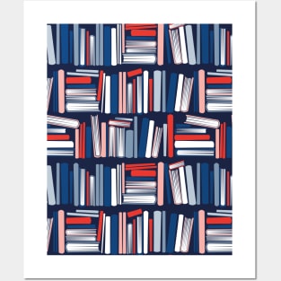 Colourful books // oxford navy blue bookshelf background neon red flesh coral white classic and pastel blue books Posters and Art